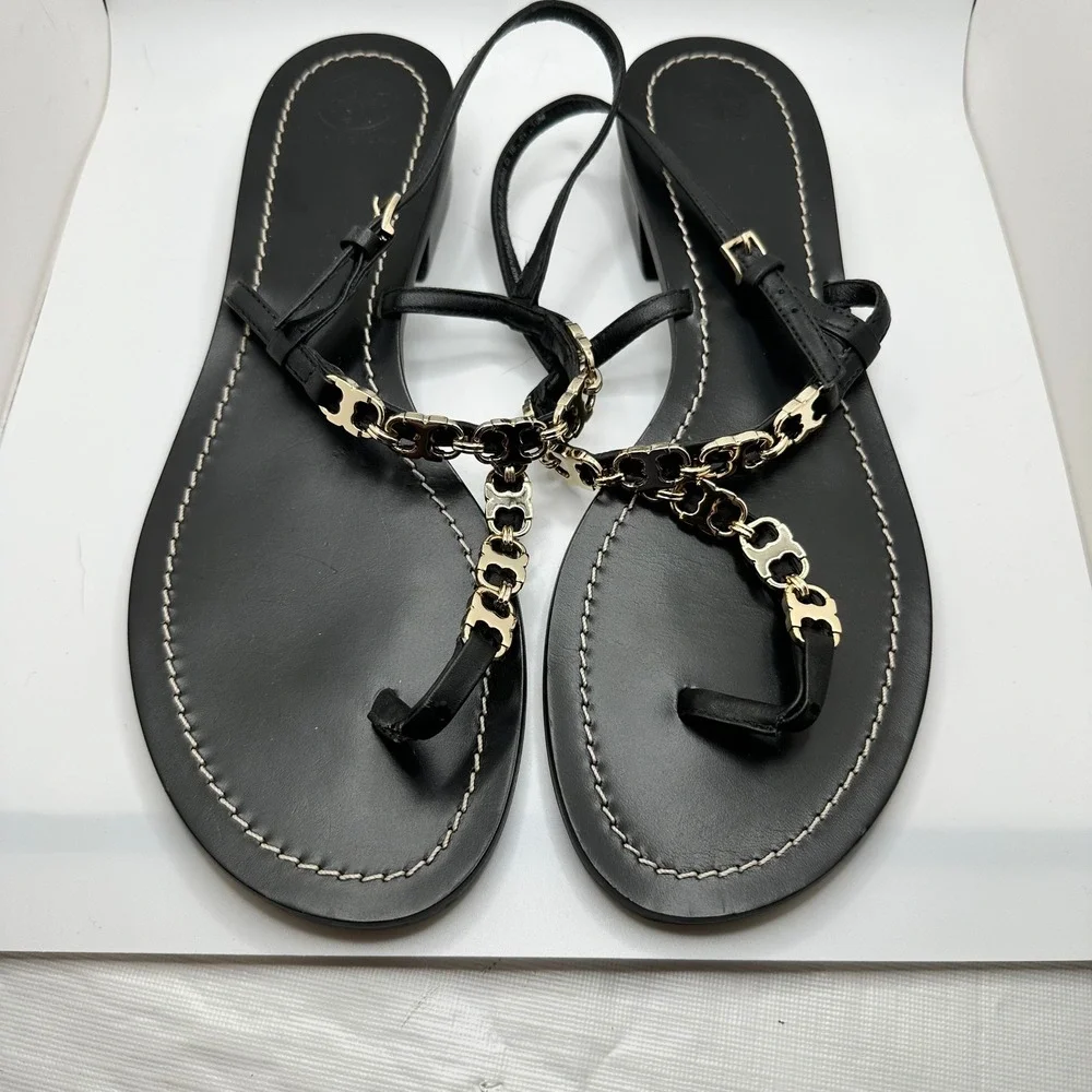 Tory‎ Burch Black Leather Gemini Chain Link Thong Sandals Gold Hardware Size 10M